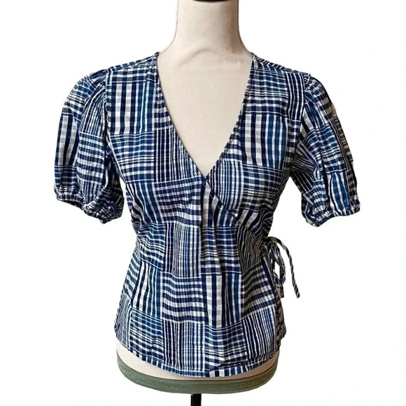 J.Crew Puff Sleeve Wrap Top Indigo Plaid Patchwork Cotton Blouse Size XS - Picture 3 of 15